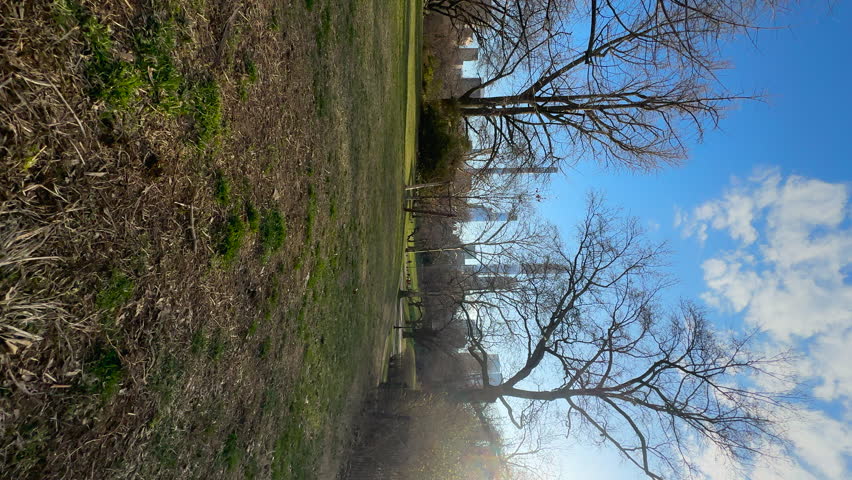Vertical slow motion, following a caucasian boy in red sweater running along the green lawn in the Central park, NYC, USA. Wonderful sunny spring day, the bright blue sky, happy childhood concept