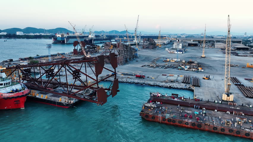 Big Drilling rid on Smart Barge. Construction port at harbor cranes at sunset. Shipyard at sunset. Making big drilling rig contruction on port.