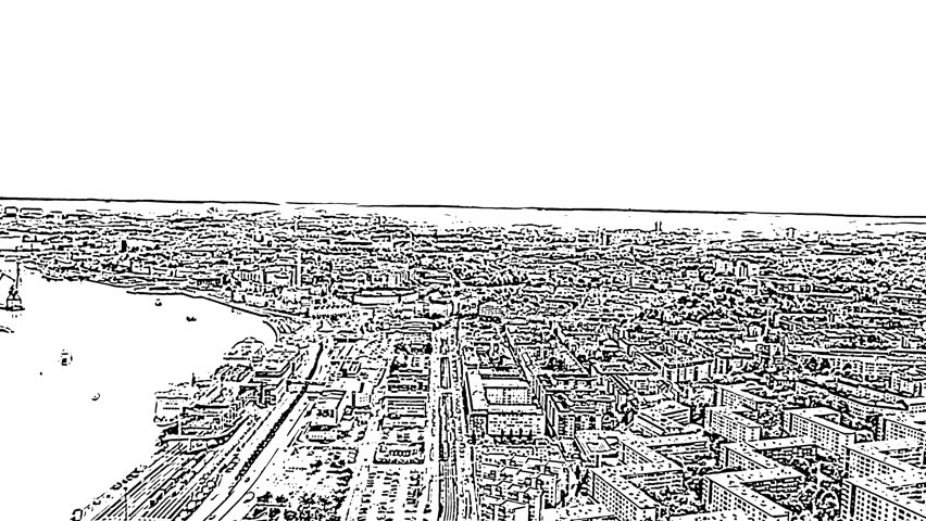 Gothenburg, Sweden. The historic city center unfolds in a sweeping aerial panorama along the Gota Alv river, rendered entirely in black and white line art. The composition captures the dense grid of the old town, with tightly packed rooftops, historic blocks, and waterfront quays stretching toward the river. The river occupies the left foreground, its shoreline curving gently past the harbor district. The camera maintains a steady, elevated perspective that reveals the geometric Dutch-influenced street plan established when the city was founded in 1621. The sketch technique emphasizes architectural contours, rooflines, and the rhythmic pattern of streets without color or shading. The atmosphere is calm and documentary, presenting the urban fabric as an intricate drawing. The scene conveys the historic maritime character of Sweden