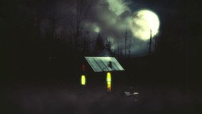 Full Moon Hut Dark Forest Spooky Moonlight Old Film Texture. Small house under moonlight in a spooky dark forest on a cloudy night, vintage style. Zoom in - Powered by Shutterstock - Get 15% off with code: PIKWIZARD15