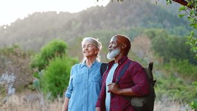 Multi cultural group of senior friends enjoying hiking through countryside together - shot in slow motion - Powered by Shutterstock - Get 15% off with code: PIKWIZARD15