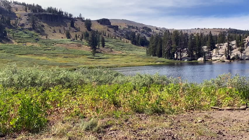 Showers Lake on Pacific Crest Trail and Tahoe Rim Trail. Pan over to a female hiker relaxing while laying on a log. Backpack resting on the log. 