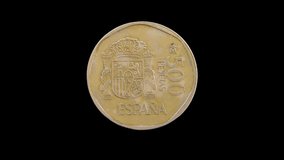 Reverse of Spain coin 500 pesetas 1989, isolated in black background. 4k video