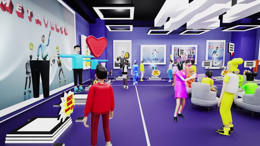 3D avatars with icons choose clothes in shopping mall. 3D render of futuristic virtual clothing store. Banners and price tags. Concept of immersive metaverse technologies. Future virtual reality world Royalty-Free Stock Footage #1102028123