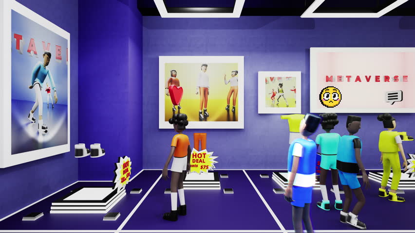 3D render of futuristic virtual clothing store. People as avatars choose clothes online in shopping mall. Posters and prices. Concept of metaverse technologies. 3D internet world. Future digital space Royalty-Free Stock Footage #1102028141