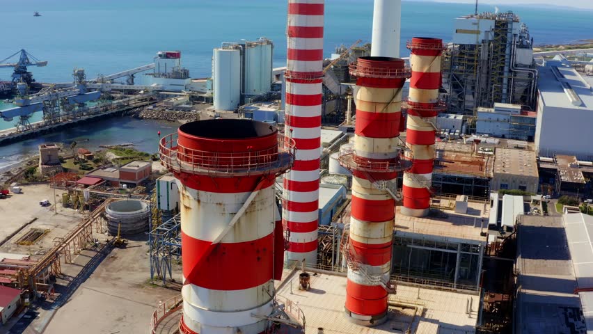 Aerial view on a large thermal power plant built along the coasts of the Mediterranean sea in Civitavecchia, near Rome, Italy.