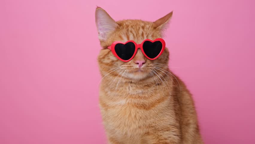 Cute red cat with red heart-shaped sunglasses sits on a pink background. Postcard with cat with space for text. Concept Valentine's Day, wedding, women's day, birthday Royalty-Free Stock Footage #1102030947