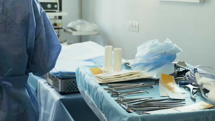 Preparation for the surgery. Surgery tools. Multiple surgery tools on the table in operating room. Scrub nurse hands in rubber gloves. Modern medical concept. Royalty-Free Stock Footage #1102032351