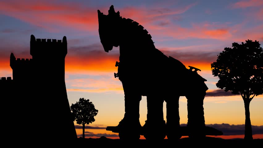 Troy: Iconic Horse at Twilight, Time Lapse with Colourful Sky and Dark Silhouette of Simbol of Trojan War