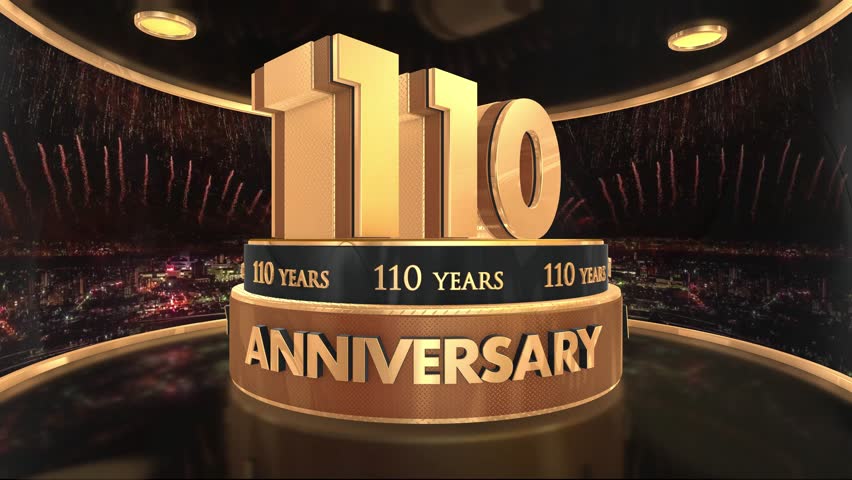 110th anniversary animation 3d render in gold with fireworks background. 4k