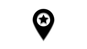 Black Map pointer with star icon isolated on white background. Star favorite pin map icon. Map markers. 4K Video motion graphic animation.