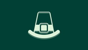 White Leprechaun hat icon isolated on green background. Happy Saint Patricks day. National Irish holiday. 4K Video motion graphic animation.