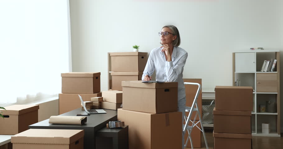 Confident mature woman retail seller, individual entrepreneur smile looks at camera, pose in dropshipping storage, boxes prepared for shipment nearby. Delivery services, small business owner portrait Royalty-Free Stock Footage #1102040383