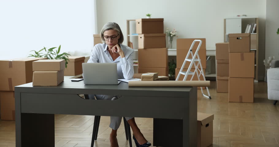 Businesswoman, small business owner, reseller working from storage room with goods on background, check online orders, corresponds to clients, update pricing, manage inventory use laptop. E-commerce Royalty-Free Stock Footage #1102040419