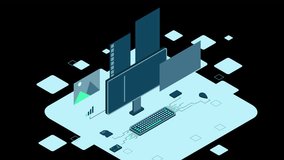 Isometric desktop computer. Coding programming technology. Programming concept. Technology animation. Transparent background with alpha channel