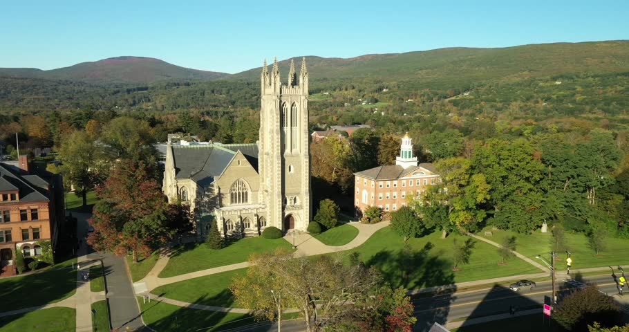 Aerial view of the Thompson Memorial Chapel on the campus of Williams College in Williamstown, MA.