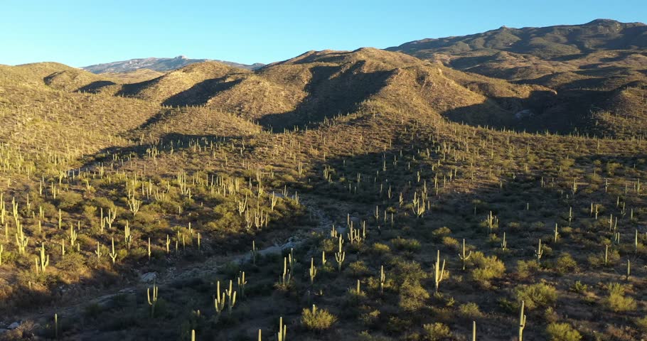 Aerial view of the landscape near Saguaro National Park just before sunset.
