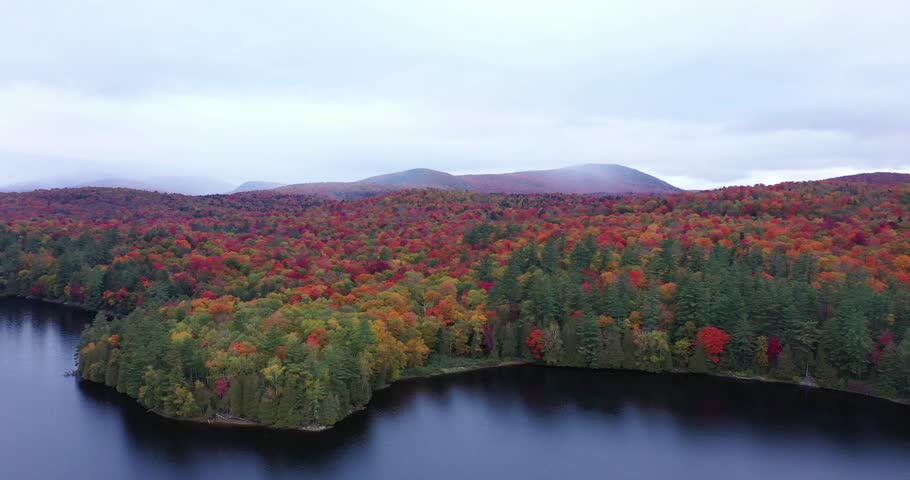Aerial view of the Adirondack Interpretive Center nature area on a misty day during autumn in Upstate New York.