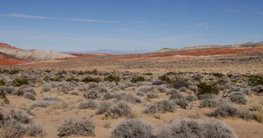 Drive Plate-View from passenger side window passing low desert vegetation with red hills in the background in the dry Arid Mojave Desert of Southern Nevada