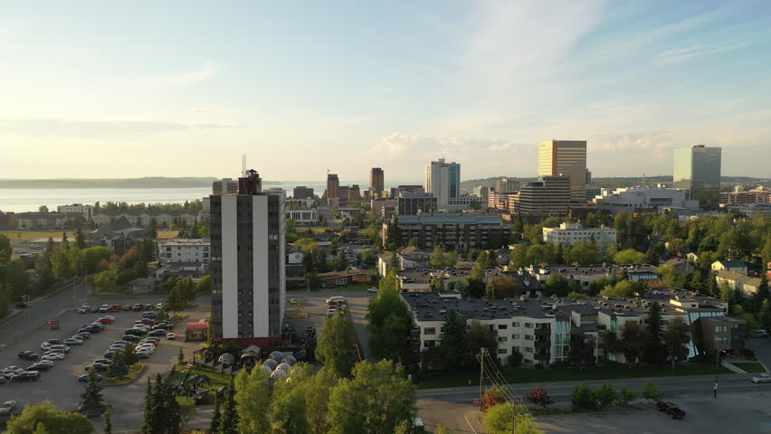 Aerial Establishing shot of downtown Anchorage, Alaska. Bird