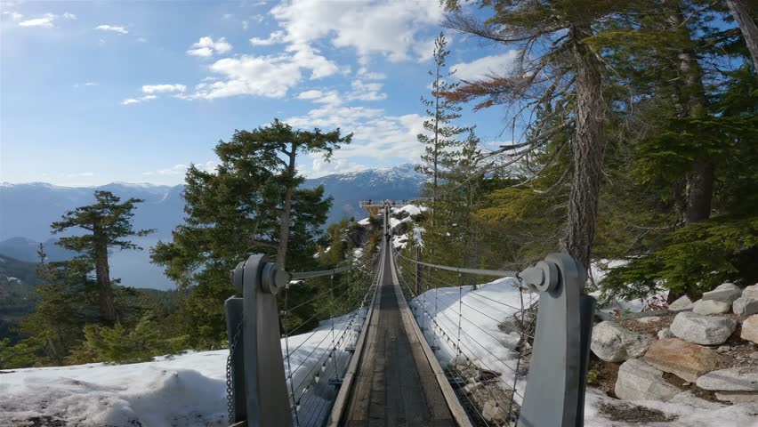 Suspension Bridge in Canadian Nature. Squamish, British Columbia, Canada. Sunny Spring Season Day.