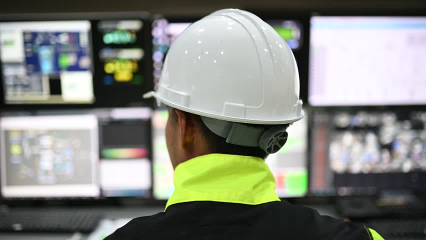 Engineer working at control room,Manager control system,Technician man monitoring program from a lot of monitor Royalty-Free Stock Footage #1102048327