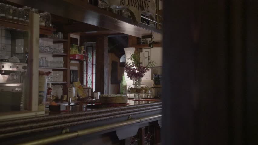 Bar counter. Mountain refuge. Refreshment. Panning 4K