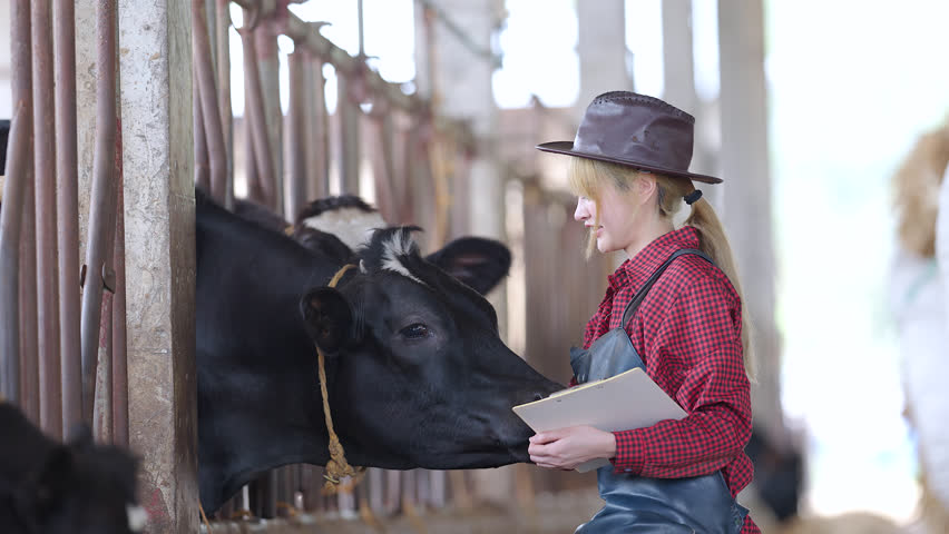 Female veterinarian  medical gown stands in a cowshed and records the data after a regular examination of the cattle on the dairy farm. Concept of cattle breeding and its medical care. | Shutterstock HD Video #1102051145