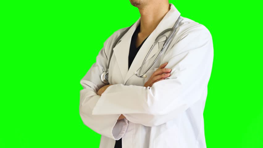 Doctors and medical workers in white coats with folded arms. He wears medical scrubs. Chromakey. | Shutterstock HD Video #1102051217
