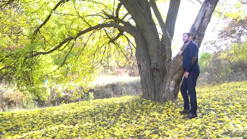 Slow Motion Handsome man in the park. Autumn scenery