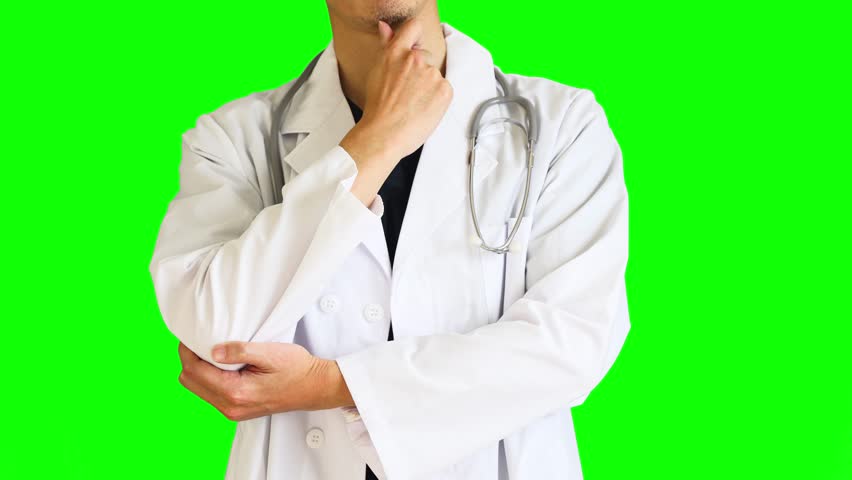 A doctor or nurse who thinks by touching his chin with his hand. Taken from the side. For chromakey compositing. | Shutterstock HD Video #1102053539
