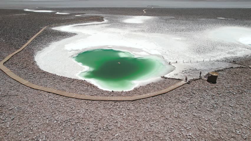 Aerial View 4K footage Salt Lagoon Baltinache San Pedro de Atacama Desert Chile