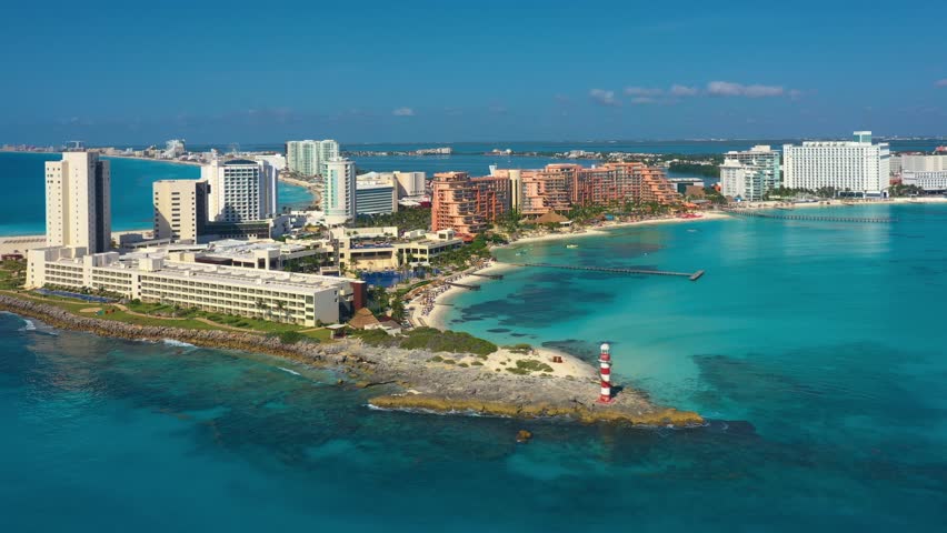 Cancun resort aerial view. Punta Norte beach, Cancun, Mexico. Close up view of the luxury hotels, palms, pools and beach. Luxury holiday concept at the Caribbean.