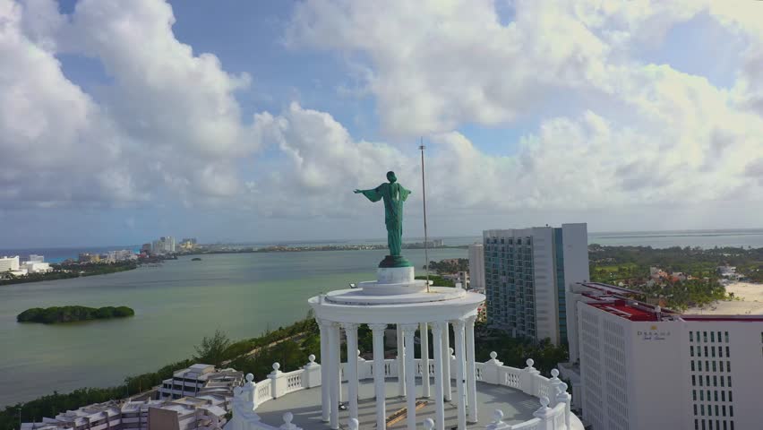 Cancun resort aerial view. Punta Norte beach, Cancun, Mexico. Close up view of the luxury hotels in Cancun. Palms, pools and beach. Luxury holiday concept at the Caribbean.