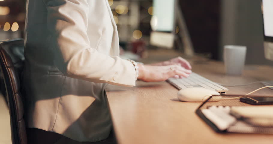 Body, closeup or woman with back pain injury, tired or bad ache in a office job late at night in overtime. Posture problems, sore muscle tension accident or stressed female worker with emergency