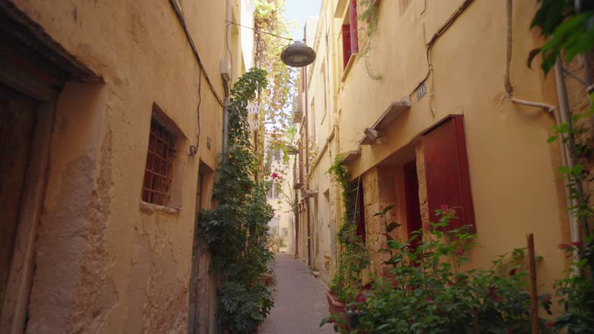 Ancient narrow streets of Crete on a summer day, Greece
