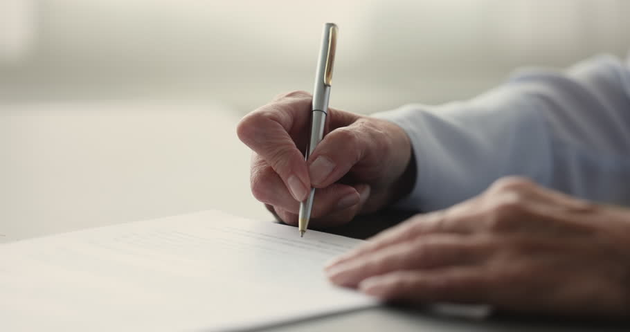 Close up elderly unknown businesswoman sign contract, holds pen put signature, agree with legal paper terms and conditions. Make paperwork and deal, take bank loan, buy insurance, write will testament Royalty-Free Stock Footage #1102066501