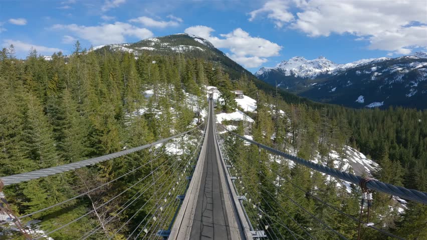 Suspension Bridge in Canadian Nature. Squamish, British Columbia, Canada. Sunny Spring Season Day.