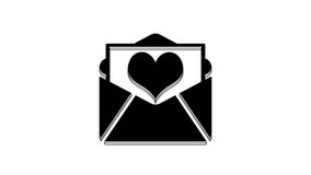 Black Envelope with Valentine heart icon isolated on white background. Letter love and romance. 4K Video motion graphic animation.
