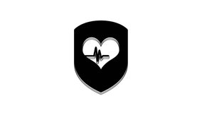 Black Shield and heart rate icon isolated on white background. Health protection concept. Health care. 4K Video motion graphic animation.