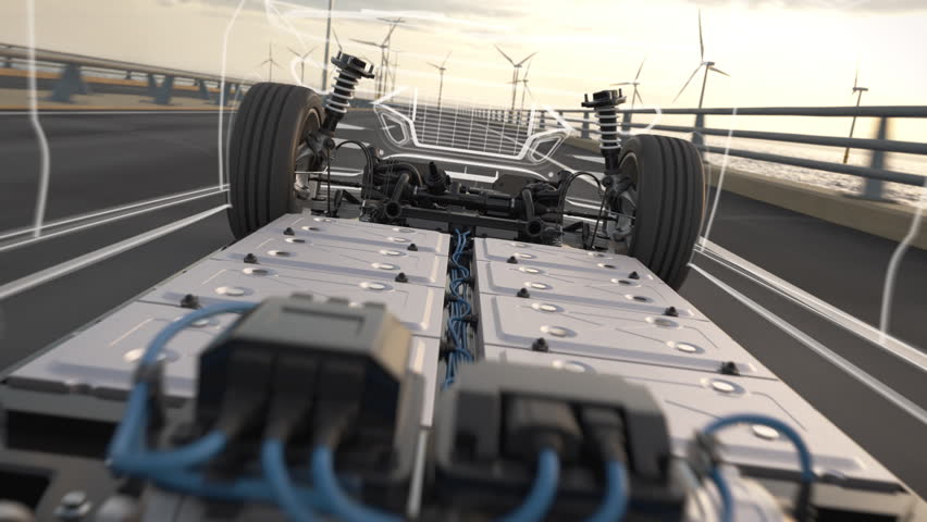 Fly-through a generic electric car revealing the chassis with battery pack while driving along a bridge with wind turbines in background. Green energy concept. High quality 3d rendering animation. Royalty-Free Stock Footage #1102071475