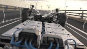 Fly-through a generic electric car revealing the chassis with battery pack while driving along a bridge with wind turbines in background. Green energy concept. High quality 3d rendering animation. - Powered by Shutterstock - Get 15% off with code: PIKWIZARD15