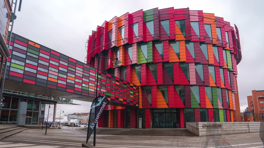 Gothenburg, Sweden. April 01, 2023. Timelapse of the colourful modern architecture of the Chalmers technical university, Gothenburg, Sweden 