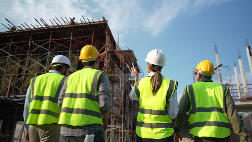 Civil engineers and construction workers meeting at construction site. Royalty-Free Stock Footage #1102076779