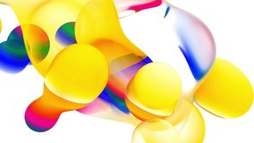 3d render of abstract art video animation with surreal metamorphosis with connected spherical substance based on big and small balls spheres or bubbles in bright yellow purple and blue mix color 
