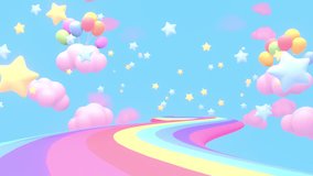 Looped cartoon rainbow road with colorful balloons, stars, and clouds in the blue sky animation.