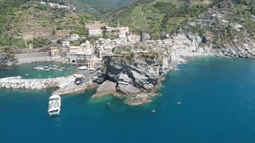 Aerial video over a small colorful town, La Spezia Italy