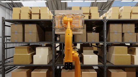 Warehouse, automatic robots, loading and unloading of boxes and goods, artificial intelligence, logistics. Robots sort and move boxes. 3D Illustration Stock Video