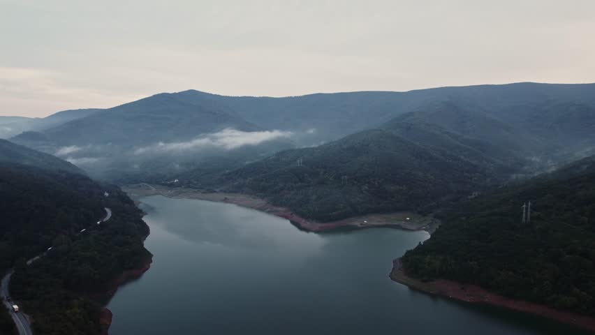 Timelapse Dive into a Forest Grove next to Water Source Lake Dam Rural Landscape View Early Morning Mist Clouds Footage