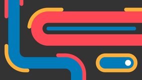 Flat animation. Looped 4K animated video. Abstract geometric pattern. White ball rolls down round multicolored chute on dark gray background. Minimalistic panel. Loop. On Off slider button. Switch bar